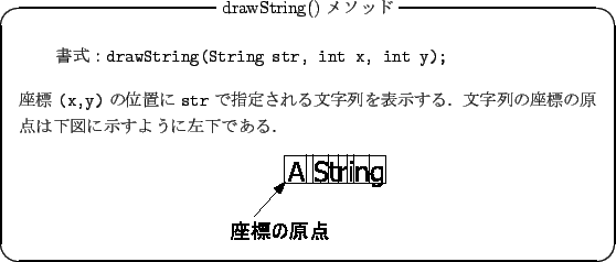 \begin{itembox}{drawString() \bh}
\begin{verbatim}FdrawString(Strin...
...center}
\epsfile {file=img/drawstring.eps,height=1.8cm}\end{center}\end{itembox}