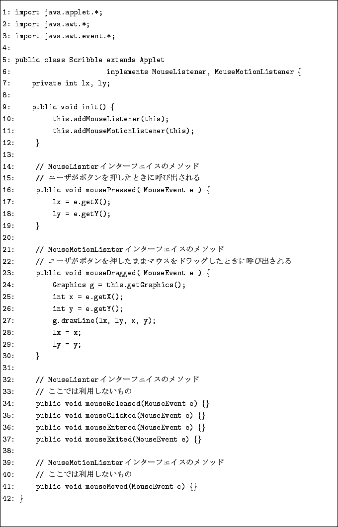 \begin{boxedminipage}{15cm}
\begin{alltt}
\relax{}
\\ 1: import java.applet.*;
...
...eMoved(MouseEvent e) \{\}
\\ 42: \}
\\
\\ \relax \end{alltt}\end{boxedminipage}